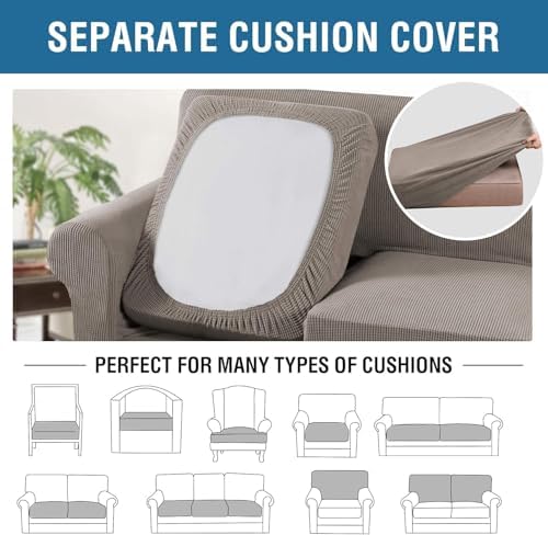 H.VERSAILTEX 4 Piece Stretch Sofa Covers for 3 Cushion Couch Covers for Living Room Furniture Slipcovers (Base Cover Plus 3 Seat Cushion Covers) Thicker Jacquard Fabric (Large Sofa, Taupe) - Image 4