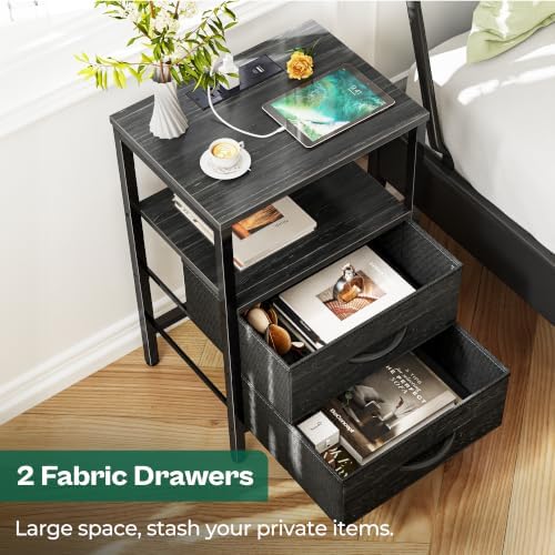 Huuger Nightstand with Charging Station, Side Table with Fabric Drawers - Image 4