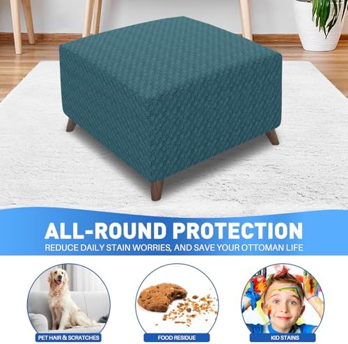 MAXIJIN Jacquard Ottoman Cover Slipcovers Folding Storage Stool Furniture Protector Cover Soft Thick Rectangle Foot Rest Slipcover with Elastic Bottom (Ottoman Small, Peacock Blue) - Image 2