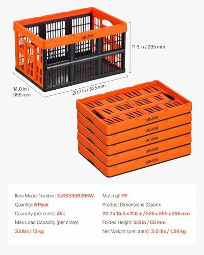 VEVOR Plastic Collapsible Storage Bins, 45L 6 Packs, Stackable Folding Storage Crates with Handles, Holds 33 lbs Per Bin, Foldable Heavy Duty Containers, Space-Saving Baskets, for Home Organizing - Image 7