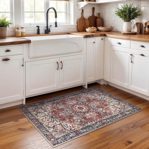 Hanples 2x3 Washable Rugs for Entryway, Vintage Floral Door Mat, Red - Image 2