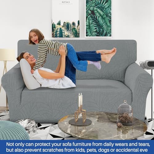 YEMYHOM Couch Cover Latest Jacquard Design High Stretch Sofa Covers for 2 Cushion Couch, Pet Dog Cat Proof Loveseat Slipcover Non Slip Elastic Furniture Protector (Medium, Begonia Leaf Dark Grey) - Image 2