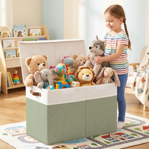 Bagnizer Large Toy Storage Box with Lids, Collapsible Sturdy Baby Storage Organizer Chest Bin Basket for Kids, Boys, Girls, Playroom, Nursery, Bedroom, Closet 25"x13"x16" (Green and White) - Image 2