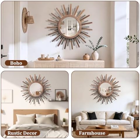 24 Inch Boho Sunburst Mirror, Decorative Rustic Farmhouse Wall Decor for Living Room, Bedroom, Bathroom, Hallway - Tricolor Wood Frame - Image 7