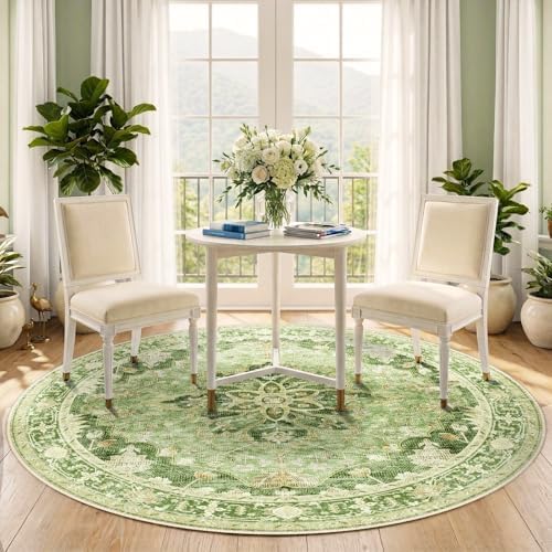 RELEANY Washable Area Rug, Round 5ft, Green/Yellow - Image 3