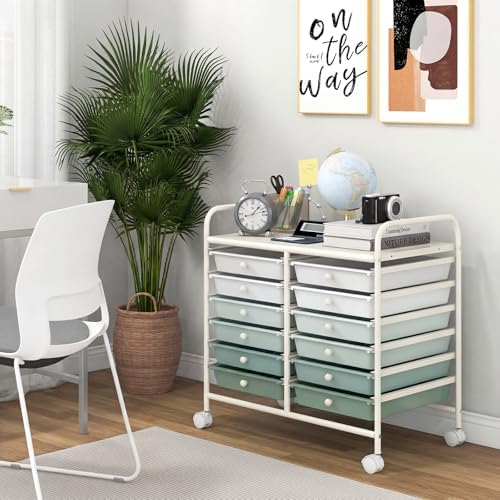 Giantex 12 Drawers Rolling Cart, Mobile Storage Drawer Cart, Classroom Organizer Cart for Office School Supplies Tools Scrapbook Paper Craft Small Printer, Utility Cart on Wheels, Green Gradient - Image 2