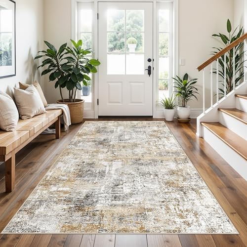 4x8 Washable Area Rug – Non-Slip Rubber Backed Indoor Rug for Entryway, Kitchen, Hallway | Modern Abstract Neutral Low Pile Thin Floor Mat for Bedroom, Living Room, Office (Gold Grey) by ZHXXUJ