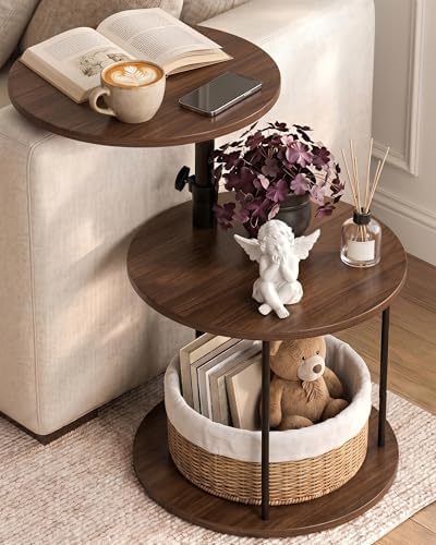 Faesun Swivel Round Table for Couch Arm, Height Adjustable C Shaped End Table for Recliner or Bed, Tv Trays with Storage Shelf for Small Spaces- Small Nightstand for Living Room, Bedroom, Walnut by Faesun