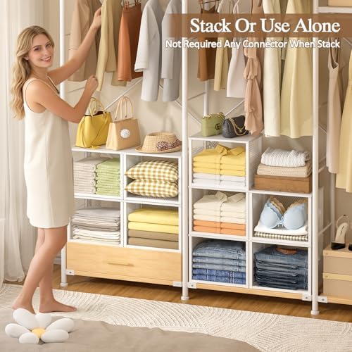 2 Pack Stackable Closet Organizers and Storage Basket, Closet Shelves with Wood Top Extra Storage, Multifunctional Clothes Organizer Bins/Cube Storage Drawer for Wardrobe Kitchen Laundry Room, White - Image 6
