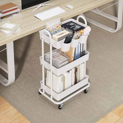3-Tier Utility Cart with Wheels, Rolling Cart with 3 Hanging Baskets, Storage Shelves, Multi-Functional Organizer Cart for Bathroom, Office, Kitchen, White - Image 2