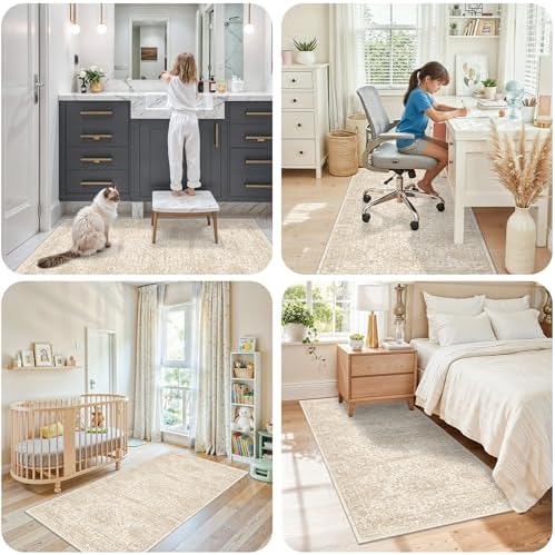 3x6 Washable Entryway Runner Rug – Non-Slip Wide Carpet Runner for Kitchen Hallway Bathroom, Neutral Vintage Distressed Low Pile Indoor Door Mat (Ivory Beige) - Image 4