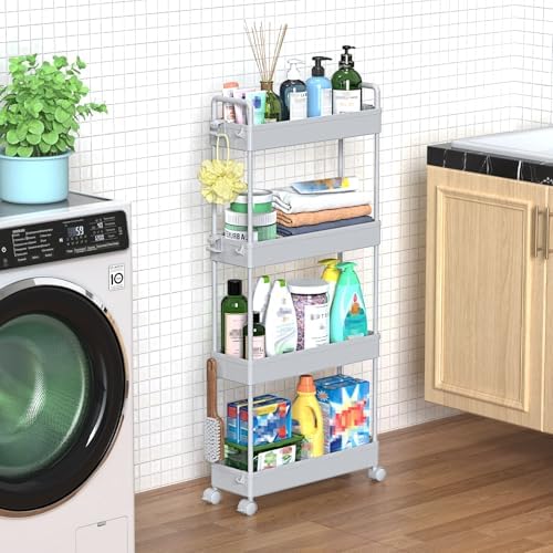 SOLEJAZZ Slim Rolling Storage Cart Skinny Bathroom Organizer, 4 Tier, Gray by SOLEJAZZ