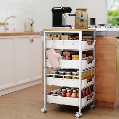 5-Tier Kitchen Storage Cart, Wood Top Rolling Cart Organizer with Pull-Out Baskets & Wheels, Metal Snack Cart with Holder for Fruit, Vegetable, Microwave, Kitchen, Pantry, White - Image 2