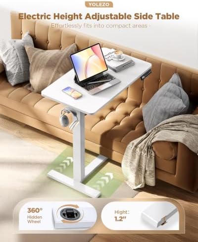 24"x 16" Electric Overbed Table, Rolling Laptop Desk for Bed, White - Image 2