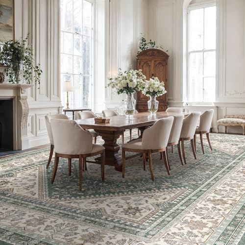 12x15 Washable Area Rug for Living Room - Non-Slip Vintage Rugs Green Beige - Image 2