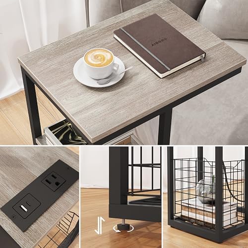 Vagusicc C Shaped End Table with Charging Station, Side Table for Couch, Small Side End Table for Small Spaces, 28" High Slide Under Sofa Table for Coffee, Tv Tray Table for Living Room, Greige - Image 4