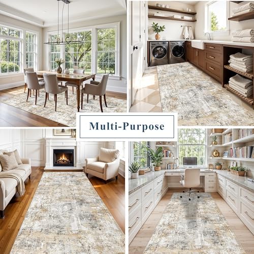 4x12 Wide Hallway Runner Rug – Non-Slip Washable Rubber-Backed Large Carpet Runner for Kitchen, Entryway, Bathroom, Modern Abstract Low-Pile Thin Floor Mat for Living Room, Dining Room (Gold/Grey) - Image 4