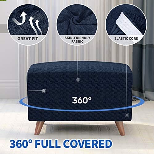MAXIJIN Jacquard Ottoman Cover Slipcovers Folding Storage Stool Furniture Protector Cover Soft Thick Rectangle Foot Rest Slipcover with Elastic Bottom (Ottoman Large, Navy Blue) - Image 3