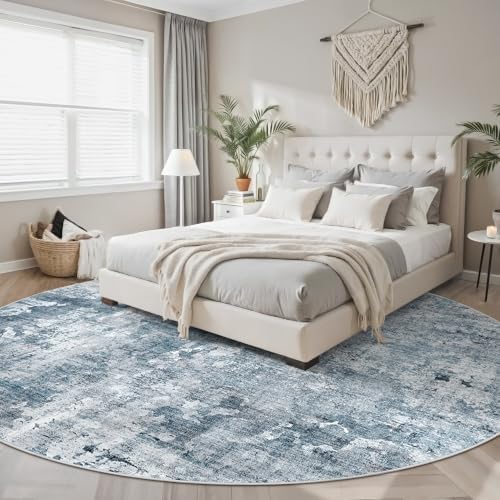 Soalmost Round Rugs 8ft Living Room Circle Area Rug 8x8 Blue/Grey Vintage - Image 3