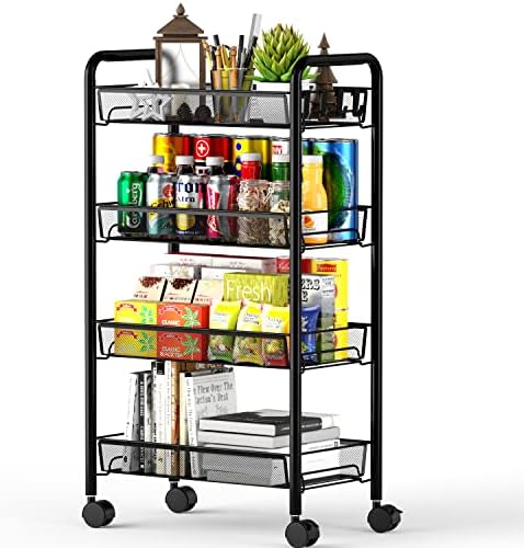 4-Tier Mesh Rolling Cart - 35 BLS/Tier Full Metal Cart with Wheel & 4 Hooks by OVICAR