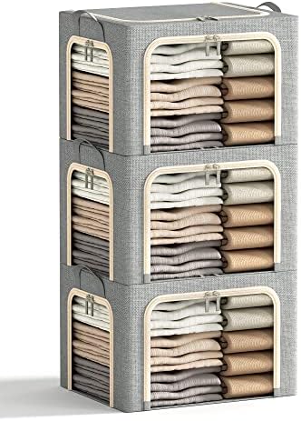 3 Openings Clothes Storage Bins with Metal Frame, Foldable Storage Bin for Clothes, Clothing Storage Bins with Lid, Linen Storage Box With Clear Window＆ Zippers＆ Durable Handles.(3 Pcs,Light Grey,40L) by Furnhome