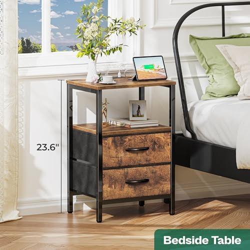 Huuger Nightstand with Charging Station, Side Table with Fabric Drawers - Image 5