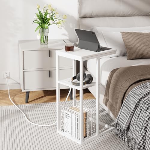 Vagusicc C Shaped End Table with Charging Station, Side Table for Couch, Small Side End Table for Small Spaces, 28" High Slide Under Sofa Table for Coffee, Tv Tray Table for Living Room, White - Image 6