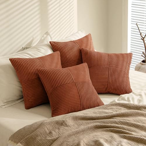 MIULEE Fall Boho Farmhouse Rust Decorative Throw Pillow Covers 20x20 Inch 4 Packs Soft Vintage Pillow Cases Modern Corduroy Patchwork Cushion Covers for Couch Sofa Bed Home Decor, Terracotta - Image 4