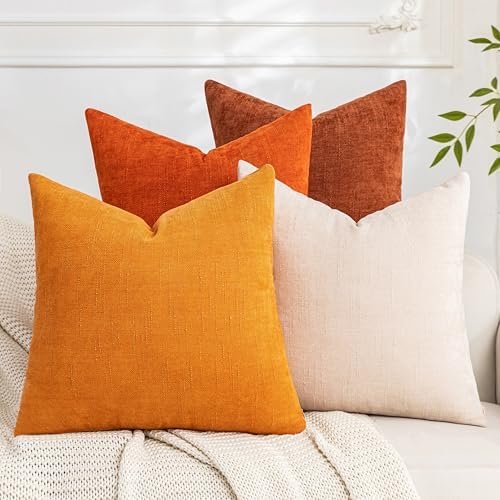 Set of 4 Soft Textured Decorative Throw Pillow Covers 18x18 Inch Cozy Farmhouse Cushion Cover Square Accent Pillow Cases for Bed Couch Sofa Living Room, Beige Rust Orange by Cozoomy