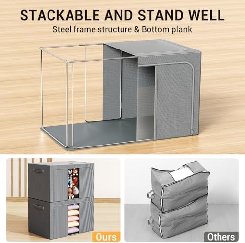 Clothes Storage Bins with Metal Frame, Foldable Clothes Organizers Storage Containers for Clothes, Sheets, Blankets, Pillows and Towels (24L, 3 Pack, Deep Grey) - Image 3