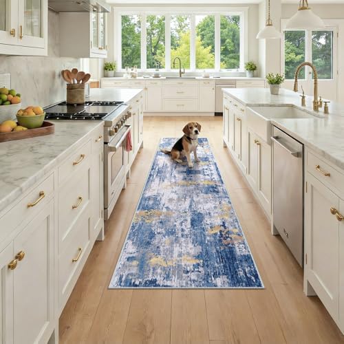RELEANY Washable Runner 2'x7' Abstract Area Rug for Hallway Blue Gold by RELEANY
