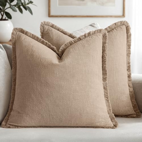 MIULEE Boho Linen Fringe Decorative Euro Throw Pillow Covers Camel 22x22 by MIULEE