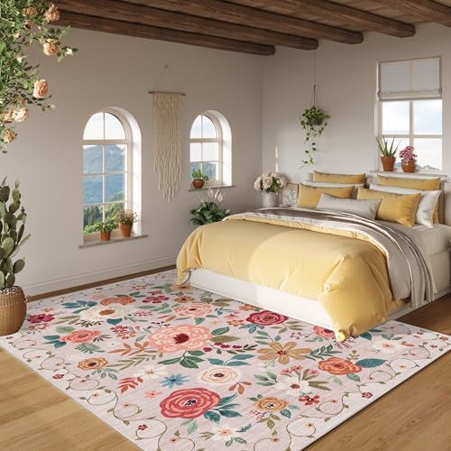 DUKINO 6x9 Area Rugs, Floral Washable Rug for Bedroom Non Slip, Beige - Image 6