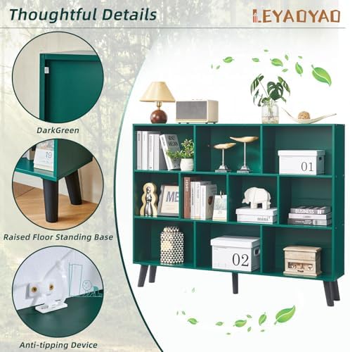 LEYAOYAO 10 Cube Bookshelf,Mid-Century Modern Bookcase with Legs,Dark Green - Image 5