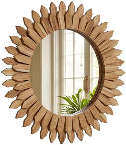 28" Round Sunburst Wooden Mirror Boho Rustic Wall Decor by Unknown