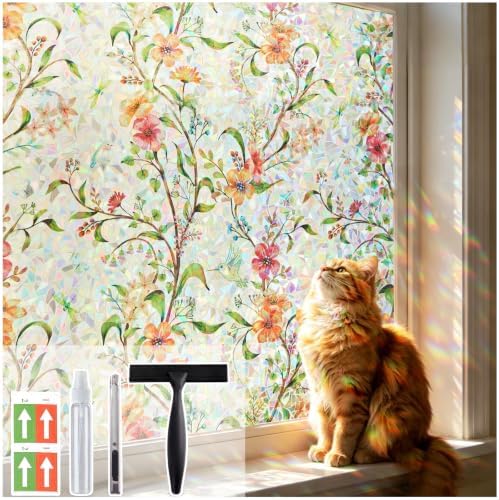 Coavas Stained Glass Window Privacy Film, 3D Rainbow Floral, 35.4" x 78.7" by Coavas