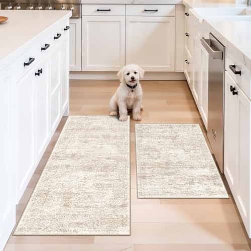 Kitchen Rugs Sets of 2, Washable Non-Slip Kitchen Mats for Floor, Stain Resistant Kitchen Runner Rugs for Kitchen Sink Laundry Entryway (Cream Beige, 2x3+2x4) by BYYVOORugsforYourHome