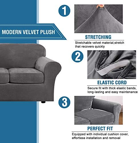 H.VERSAILTEX Real Velvet Plush 3 Piece Stretch Sofa Covers Couch Covers for 2 Cushion Couch Loveseat Covers Width Up to 72 Inch Feature Thick Soft Stay in Place (Medium Sofa, Grey) - Image 3