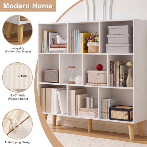 YAHARBO 10 Cube White Bookshelf,3 Tier Book Shelf with Legs,Modern Minimalist Bookcase,Open Book Shelves Storage Organizer,Frees Standing Wooden Display Bookcases for Small Space,Bedroom,Living Room - Image 5