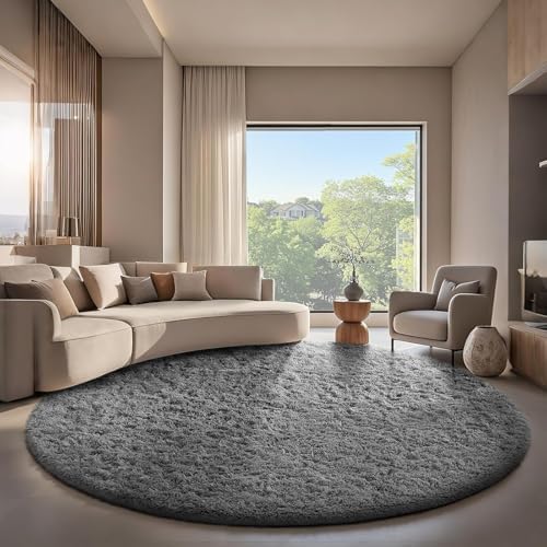 Ophanie Round Rug 7Ft Grey Circle Area Rugs,Large Fluffy Fuzzy Living Room Carpet 7 Foot,Plush Shag Solid Indoor Floor Gray Bedroom Circular Decor for Kids Teen Boys Baby,with Over 99 pcs Pile fibers - Image 5