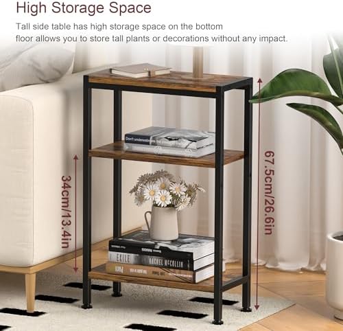 Narrow Side Table set of 2 for Small Space, 3 Tier Slim End Table, Thin Nightstand, Skinny Snack Couch Table, Sofa bedside Table in Living Room, Bedroom, Study, kitchen and Balcony (Rustic Brown) - Image 3