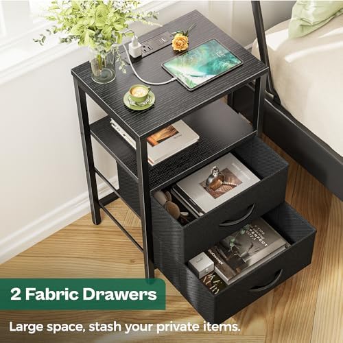 Huuger Nightstand with Charging Station, Side Table with Fabric Drawers - Image 5
