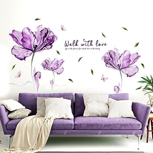 Flowers Wall Sticker Watercolor Purple Floral Wall Decal DIY Butterfly Flower Art Decor Stickers Floral Quotes Saying Wall Decals Mural for Nursery Bedroom Kids Room by Prabahdak