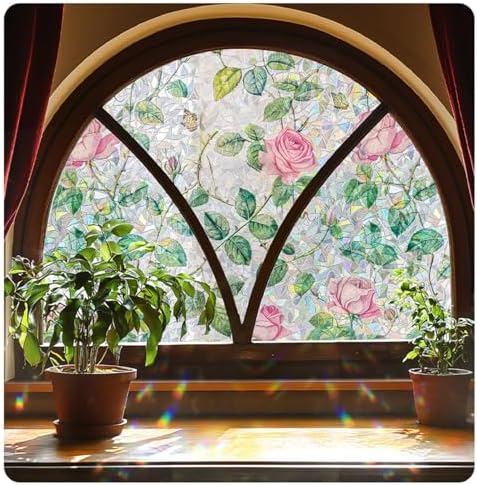 Retro Flowers Window Privacy Film, Magnolia Stained Glass Decorative Window Film for Glass, Rainbow Stained Window Cling Sticker Floral Removable Static Cling for Window (1, Roses, 17x78.7in) - Image 6