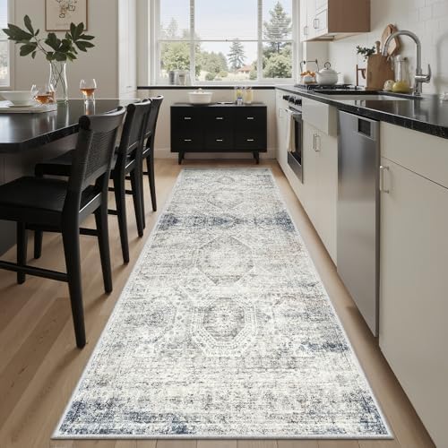 Soalmost Washable Runner Rug 2'6"x8' Kitchen Hallway Runners Blue/Ivory - Image 2