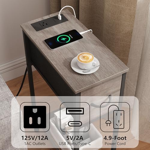 Vagusicc End Table with Charging Station, Narrow Side Table Nightstand with Fabric Drawer, Slim Nightstand for Bedroom, Small Bedside Table, Slim Sofa Side Table for Small Spaces, Greige - Image 4