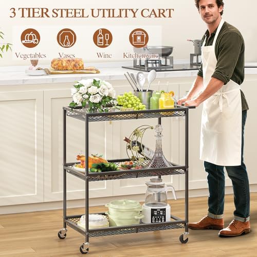 3 Tier Rolling Utility Kitchen Cart, Heavy Duty Wire Rolling Cart on Wheels, Commercial Metal Serving Carts with Handle, Kitchen Island Plant Shelf Food Storage Trolley for Laundry, Office, Garage - Image 4