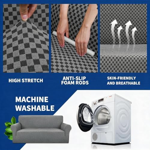 YEMYHOM Couch Cover Latest Jacquard Design High Stretch Sofa Covers for 3 Cushion Couch, Pet Dog Cat Proof Slipcover Non Slip Magic Elastic Furniture Protector (Large, Dark Gray Checkered) - Image 5
