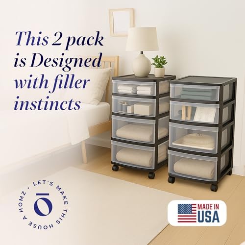 HOMZ Drawer Tower, 4-Tier Cart w/Removable Wheels, Black Frame, 2-Pack - Image 4