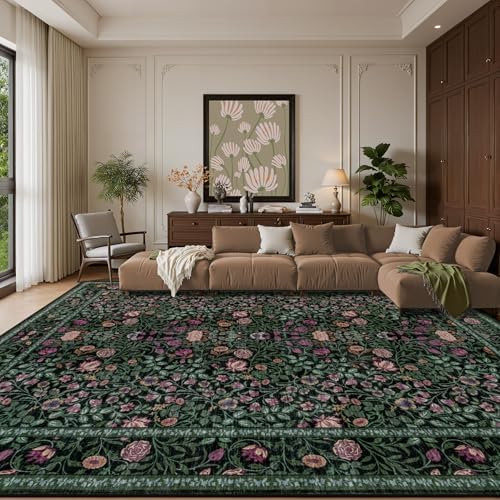 8x10 Area Rug Living Room: Soft Floral Washable Boho Carpet Green - Image 2